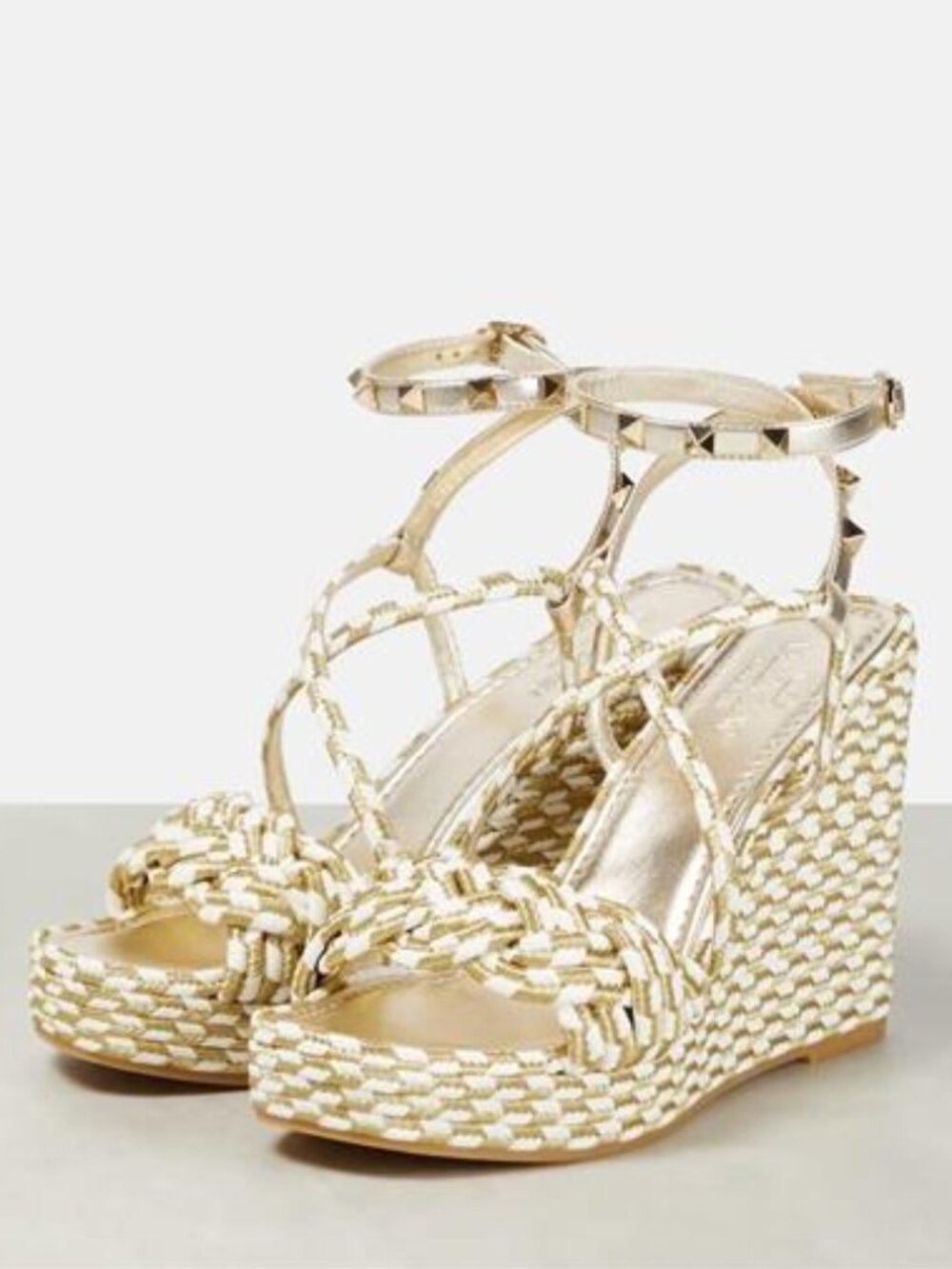 Valentino Rockstud Torchon Rope Wedge Heel Braided Espadrille Sandal Shoes